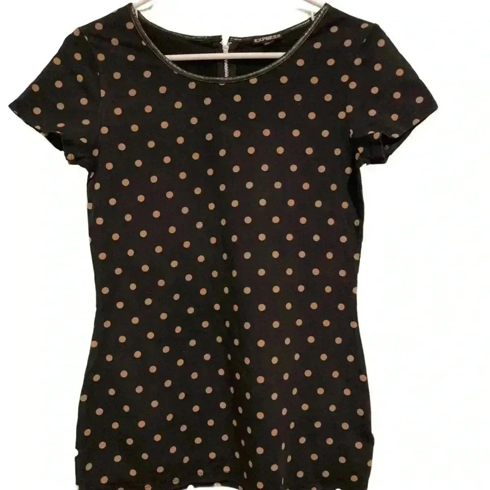 Express Women’s Blouse Faux Leather Trim Top Black Polka Dots Sz. M